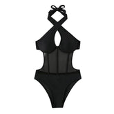 Traje de baño de una pieza sin espalda y con cuello halter cruzado con lazo de malla